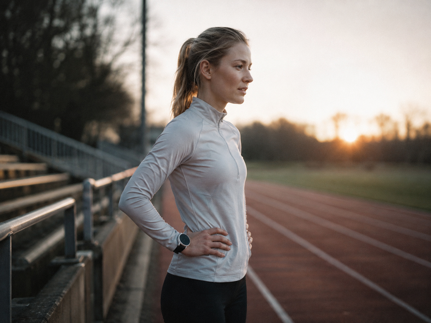 Runner on a track at sunrise, focused